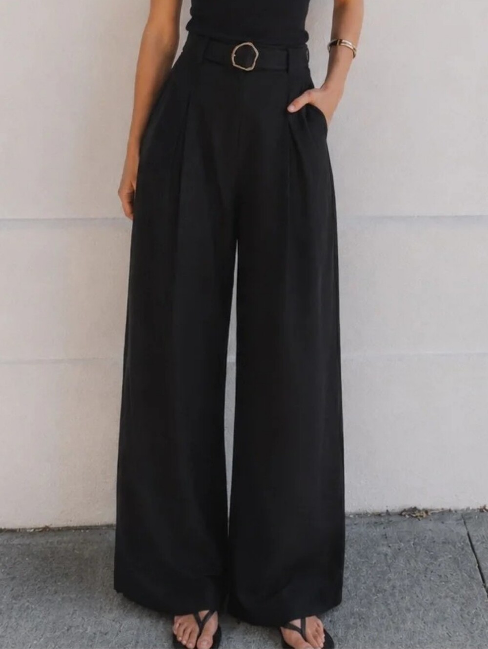 House Of Harlow 1960 Black Wide Leg Palazzo Belted Linen Blend Pants Size 8